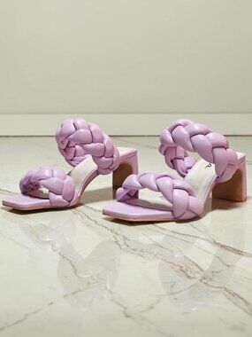 Braided Strap Lilac Block Heel Sandals For Women Square Toe Design With Faux Lea